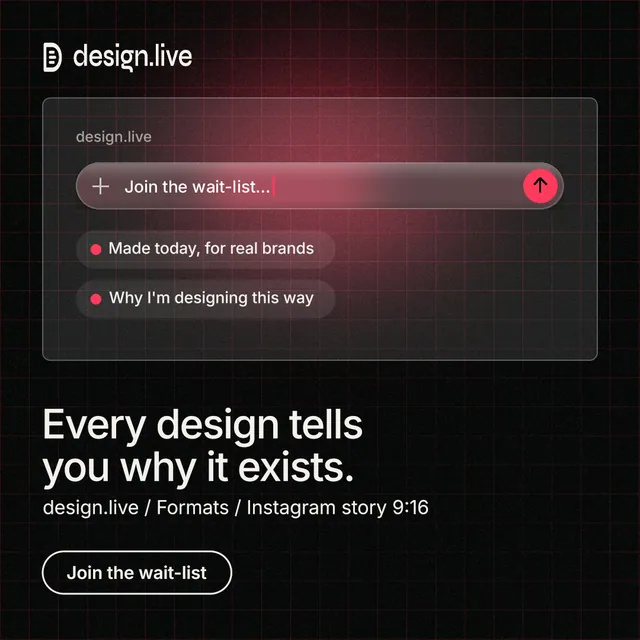 Instagram post for design.live: "Every design tells you why it exists." Phosphor atlas style, bottom layout, dark palette in black, grey.