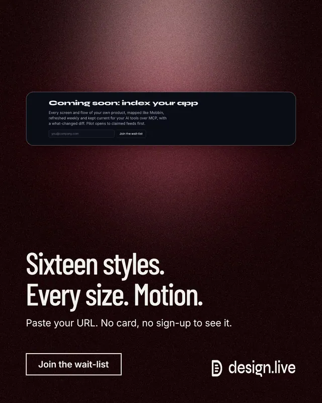 Instagram portrait post for design.live: "Sixteen styles. Every size. Motion." Dark deco style, bottom layout, dark palette in black, grey.