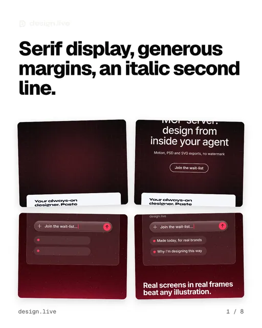Carousel for design.live: "Serif display, generous margins, an italic second line.". Collection carousel, 8 slides, light palette.