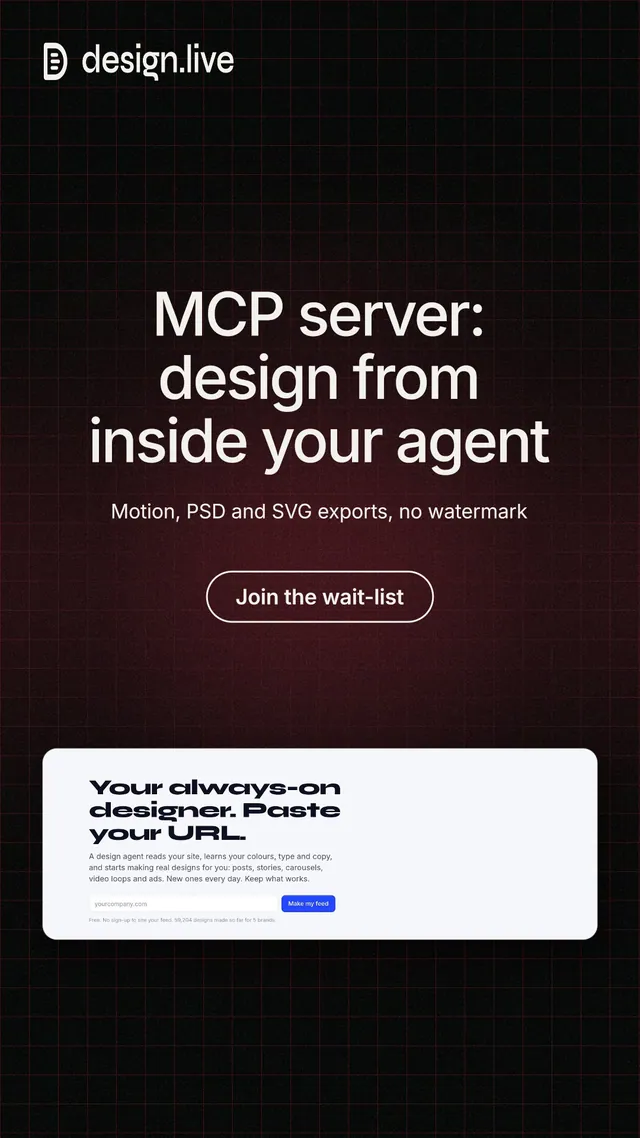 Instagram story for design.live: "MCP server: design from inside your agent". Phosphor atlas style, centred layout, dark palette in black, grey.