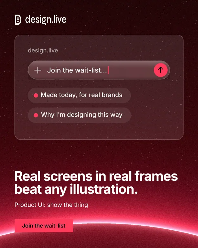 Instagram portrait post for design.live: "Real screens in real frames beat any illustration." Swiss style, bottom layout, dark palette in red, black.