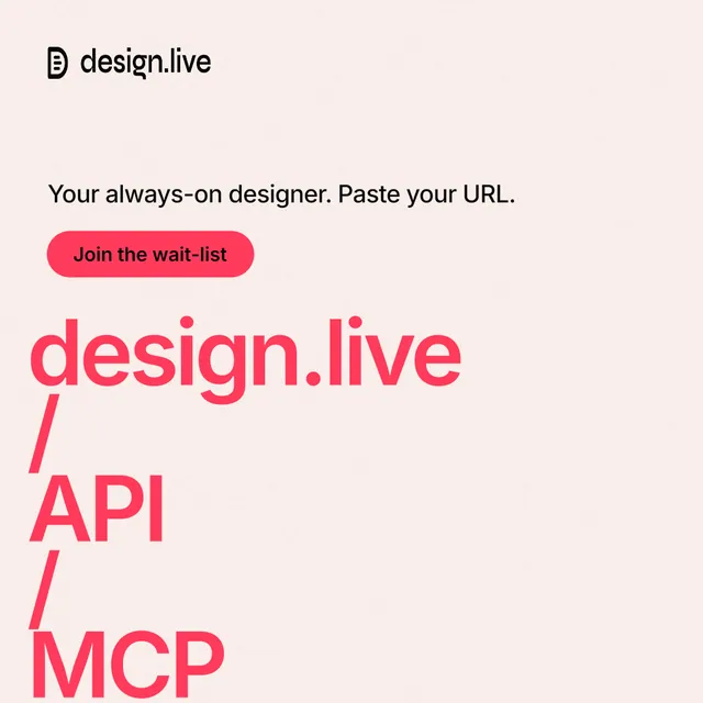 Instagram post for design.live: "design.live / API / MCP". Data card style, oversized layout, light palette in white, red.