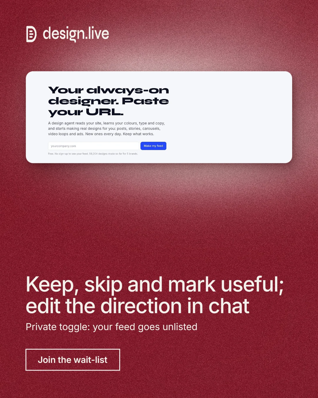Instagram portrait post for design.live: "Keep, skip and mark useful; edit the direction in chat". Cyanotype style, bottom layout, dark palette in red, white.