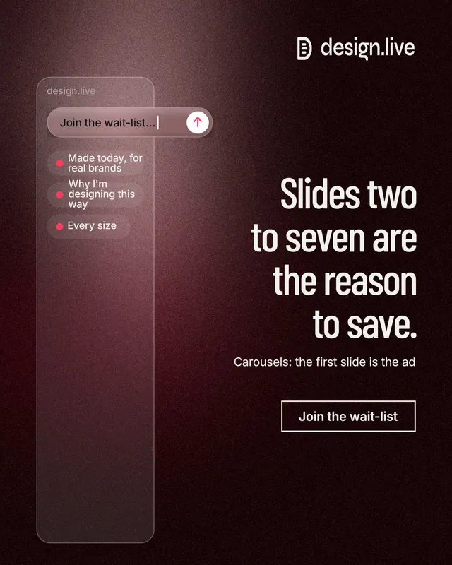 Instagram portrait post for design.live: "Slides two to seven are the reason to save." Dark deco style, right layout, dark palette in black, red, grey.