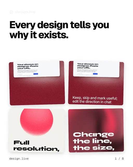 Carousel for design.live: "Every design tells you why it exists.". Collection carousel, 8 slides, light palette.