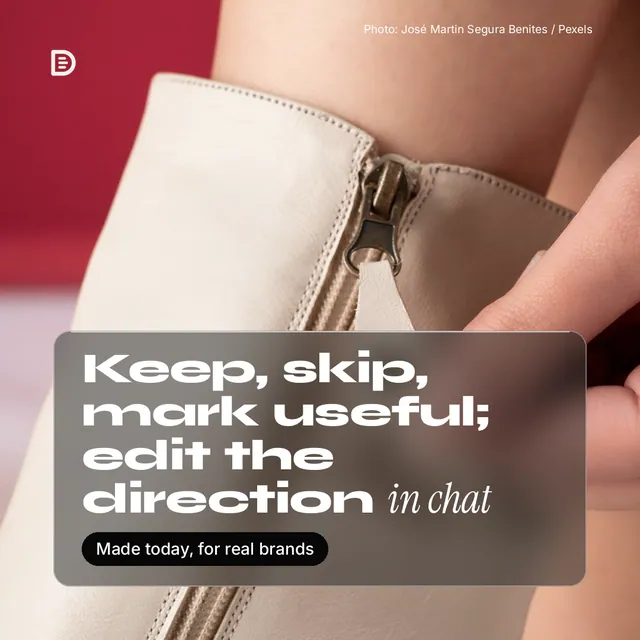 Instagram post for design.live: "Keep, skip, mark useful; edit the direction in chat". Glass style, technique:pexels ingredient layout, light palette in red, orange.