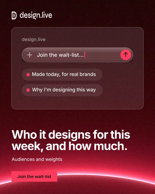 Instagram portrait post for design.live: "Who it designs for this week, and how much." Swiss style, bottom layout, dark palette in red, black.
