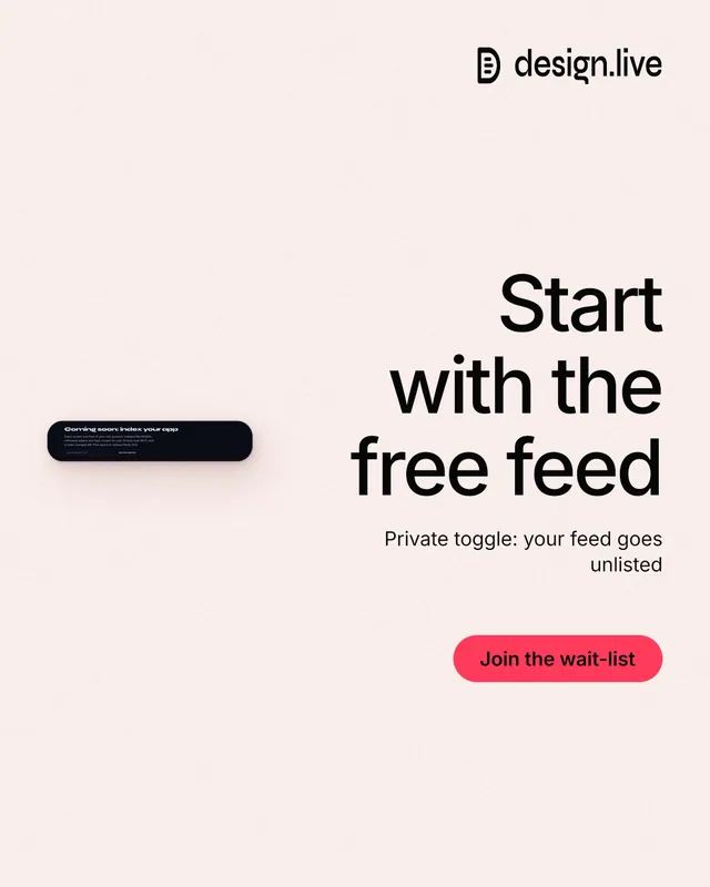 Instagram portrait post for design.live: "Start with the free feed". Data card style, right layout, light palette in white, red.