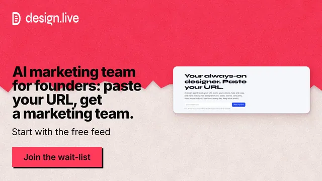 Landscape graphic for design.live: "AI marketing team for founders: paste your URL, get a marketing team." Paper trio style, bottom layout, light palette in red, white, grey.