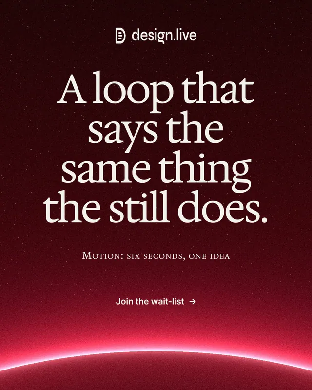 Instagram portrait post for design.live: "A loop that says the same thing the still does." Swiss style, smallcaps layout, dark palette in black, red.