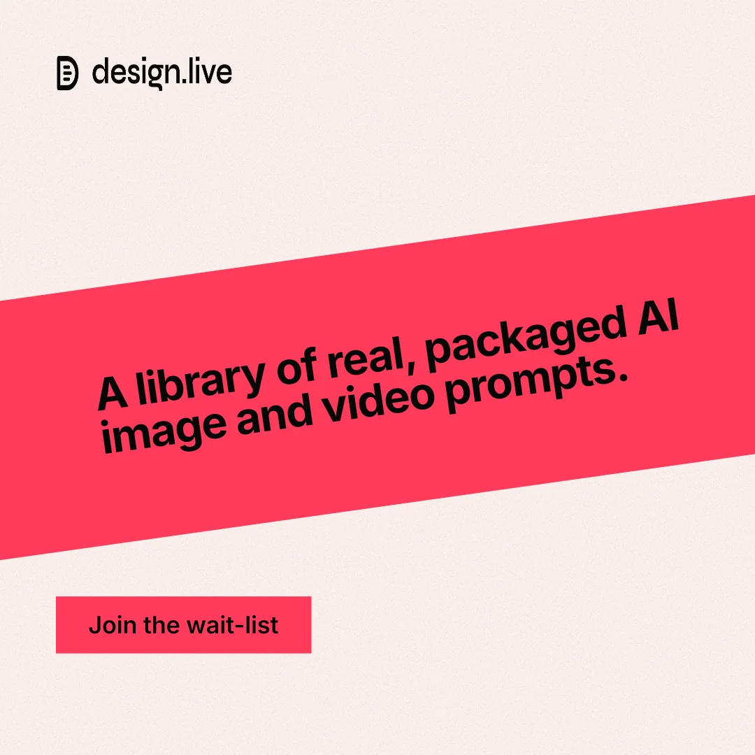 Instagram post for design.live: "A library of real, packaged AI image and video prompts." Swiss style, diagonal layout, light palette in white, red.