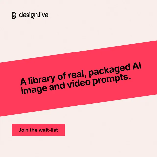 Instagram post for design.live: "A library of real, packaged AI image and video prompts." Swiss style, diagonal layout, light palette in white, red.