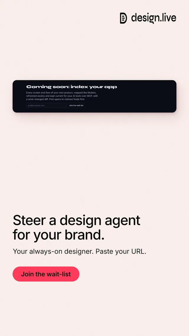 Instagram story for design.live: "Steer a design agent for your brand." Data card style, bottom layout, light palette in white, grey.