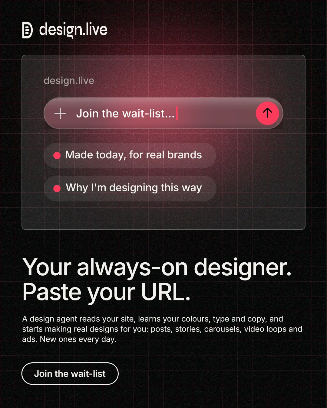Instagram portrait post for design.live: "Your always-on designer. Paste your URL." Phosphor atlas style, bottom layout, dark palette in black, red, grey.