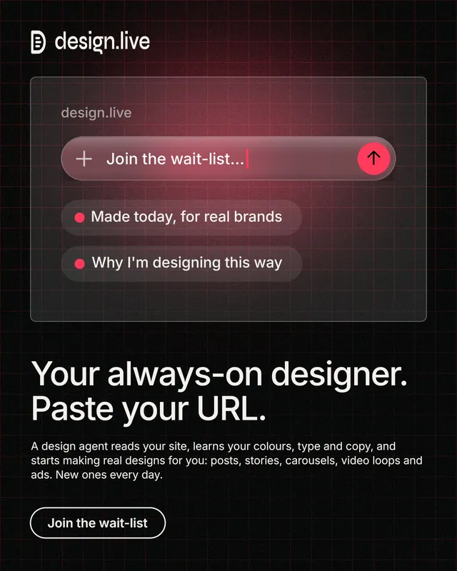 Instagram portrait post for design.live: "Your always-on designer. Paste your URL." Phosphor atlas style, bottom layout, dark palette in black, red, grey.