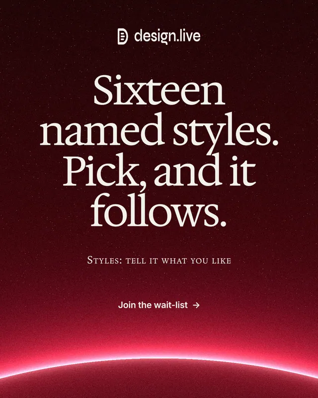 Instagram portrait post for design.live: "Sixteen named styles. Pick, and it follows." Swiss style, smallcaps layout, dark palette in black, red.
