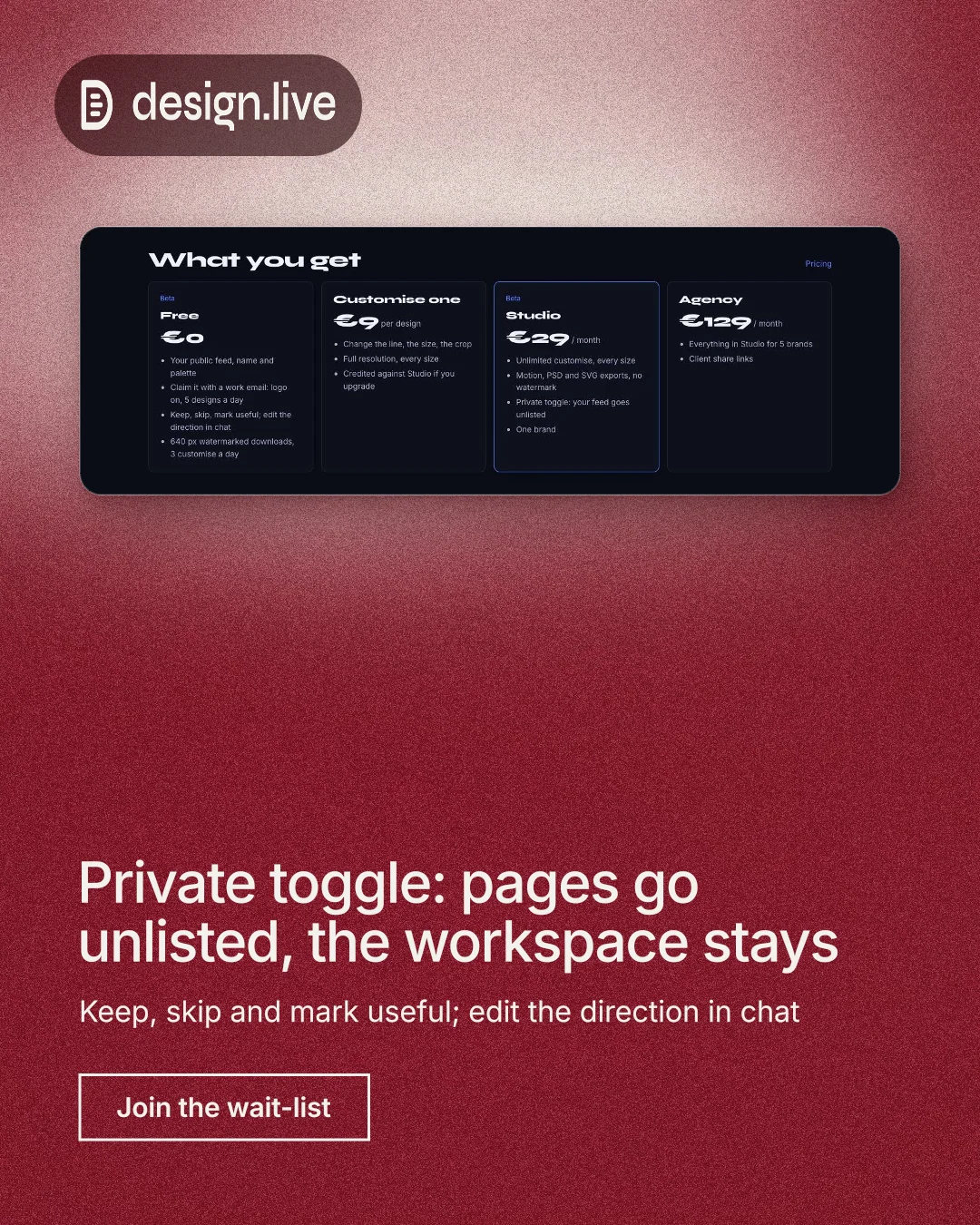 Instagram portrait post for design.live: "Private toggle: pages go unlisted, the workspace stays". Cyanotype style, bottom layout, dark palette in red.