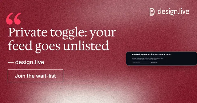 Social ad for design.live: "Private toggle: your feed goes unlisted". Cyanotype style, quote layout, dark palette in red.