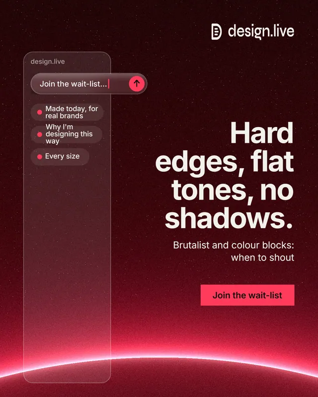 Instagram portrait post for design.live: "Hard edges, flat tones, no shadows." Swiss style, right layout, dark palette in black, red.
