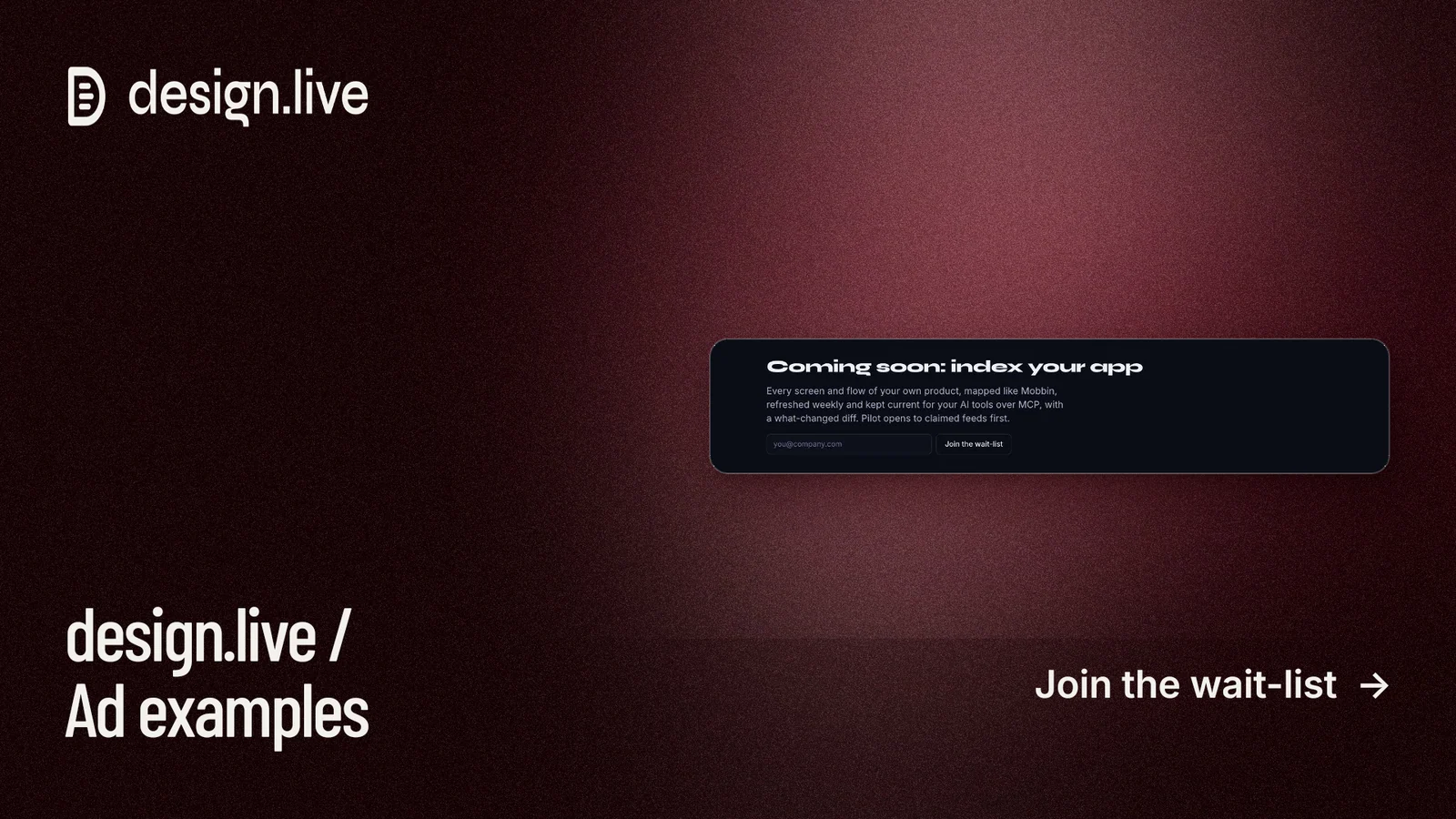 Landscape graphic for design.live: "design.live / Ad examples". Dark deco style, image led layout, dark palette in black, red.