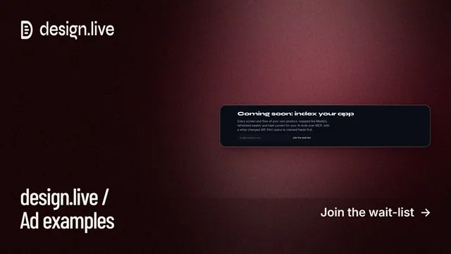Landscape graphic for design.live: "design.live / Ad examples". Dark deco style, image led layout, dark palette in black, red.