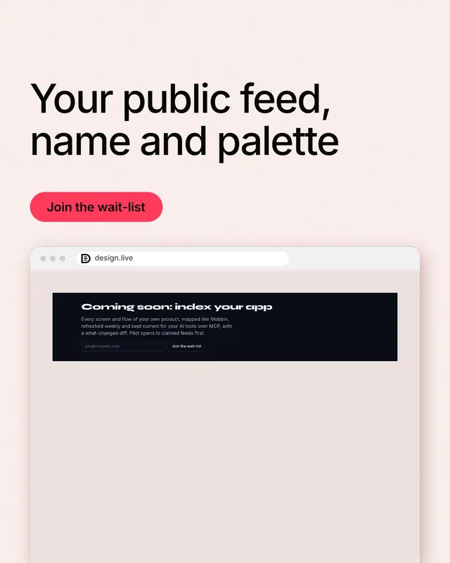 Instagram portrait post for design.live: "Your public feed, name and palette". Data card style, browser layout, light palette in orange, white, grey.