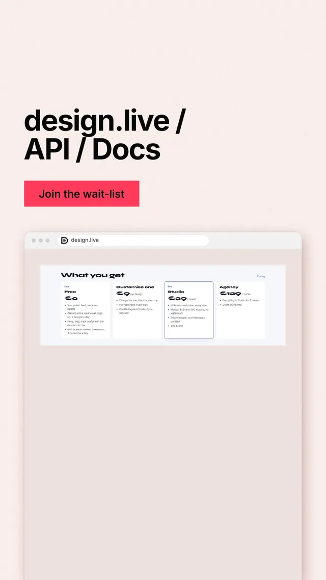 Instagram story for design.live: "design.live / API / Docs". Swiss style, browser layout, light palette in red, white.