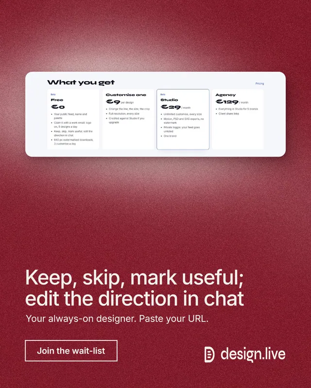 Instagram portrait post for design.live: "Keep, skip, mark useful; edit the direction in chat". Cyanotype style, bottom layout, dark palette in red.