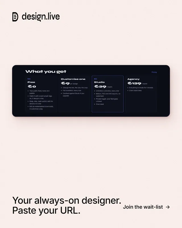 Instagram portrait post for design.live: "Your always-on designer. Paste your URL." Data card style, image led layout, light palette in white, grey.
