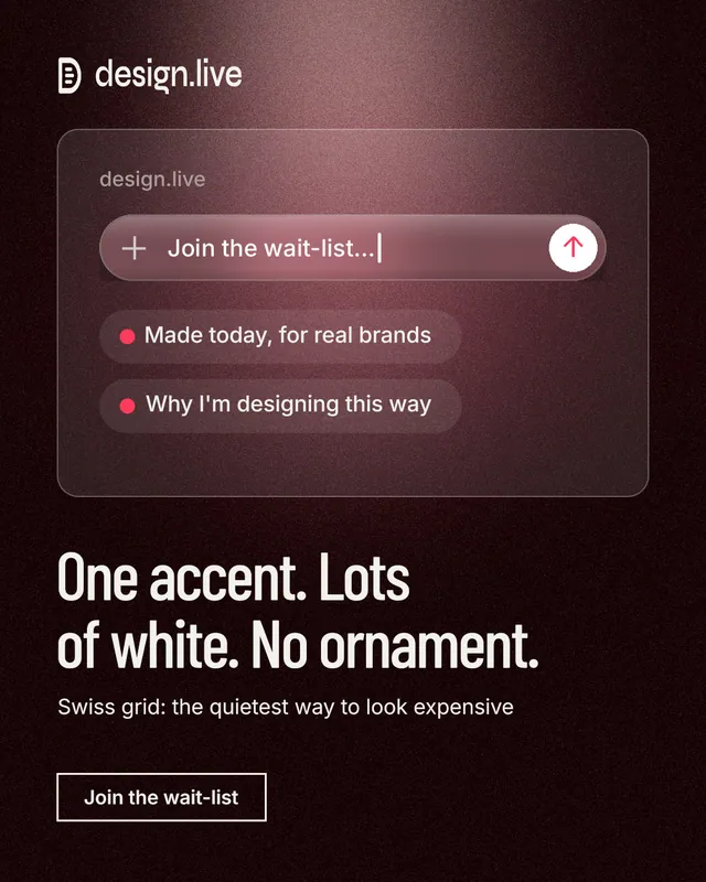 Instagram portrait post for design.live: "One accent. Lots of white. No ornament." Dark deco style, bottom layout, dark palette in black, red, grey.