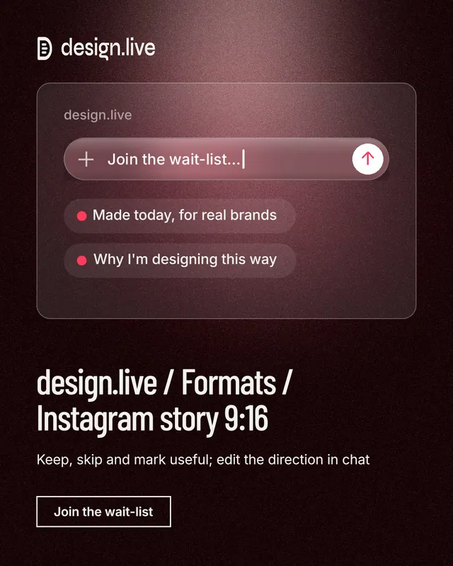 Instagram portrait post for design.live: "design.live / Formats / Instagram story 9:16". Dark deco style, bottom layout, dark palette in black, red, grey.