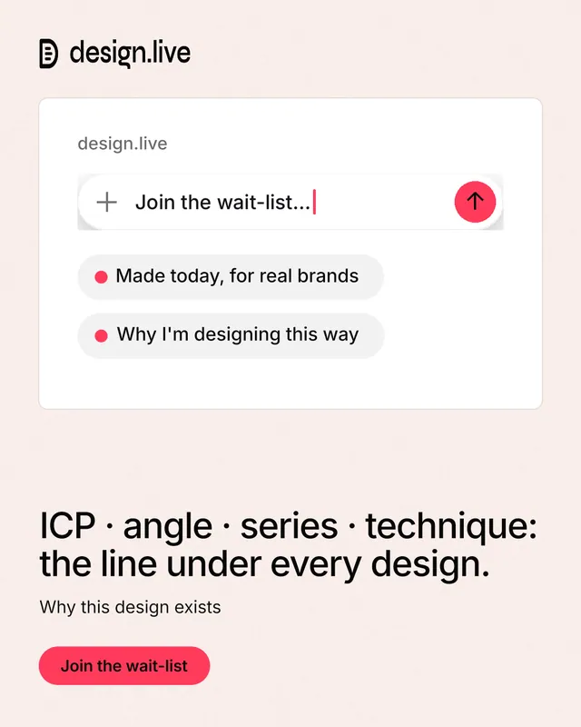 Instagram portrait post for design.live: "ICP · angle · series · technique: the line under every design." Data card style, bottom layout, light palette in white, red.