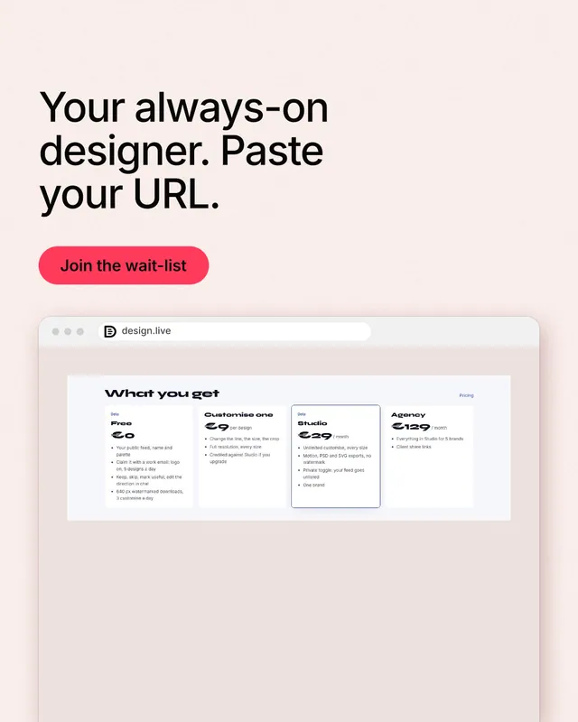 Instagram portrait post for design.live: "Your always-on designer. Paste your URL." Data card style, browser layout, light palette in orange, white, red.