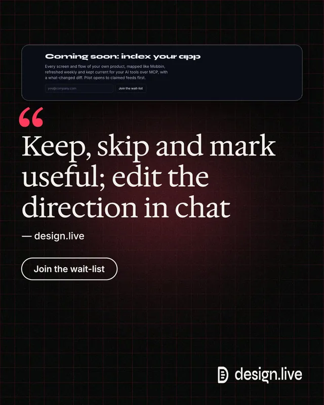 Instagram portrait post for design.live: "Keep, skip and mark useful; edit the direction in chat". Phosphor atlas style, quote layout, dark palette in black, grey.