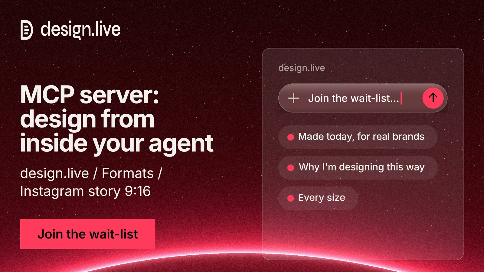 Landscape graphic for design.live: "MCP server: design from inside your agent". Swiss style, bottom layout, dark palette in black, red.