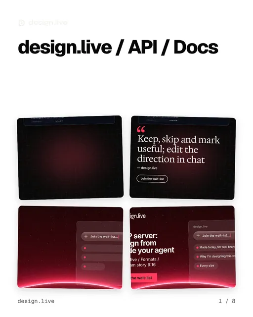 Carousel for design.live: "design.live / API / Docs". Collection carousel, 8 slides, light palette.