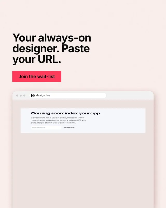 Instagram portrait post for design.live: "Your always-on designer. Paste your URL." Swiss style, browser layout, light palette in red, white.