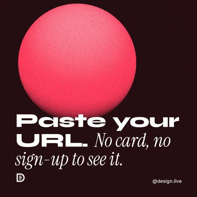 Instagram post for design.live: "Paste your URL. No card, no sign-up to see it." Auto 1x1 style, technique:shader field layout, dark palette in black, red.