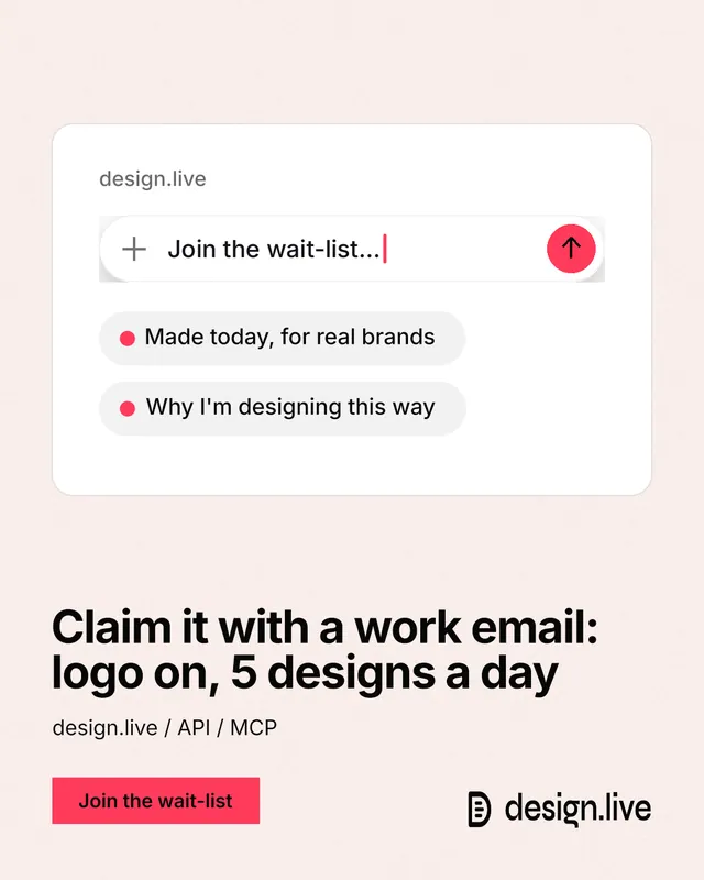 Instagram portrait post for design.live: "Claim it with a work email: logo on, 5 designs a day". Swiss style, bottom layout, light palette in white, red.