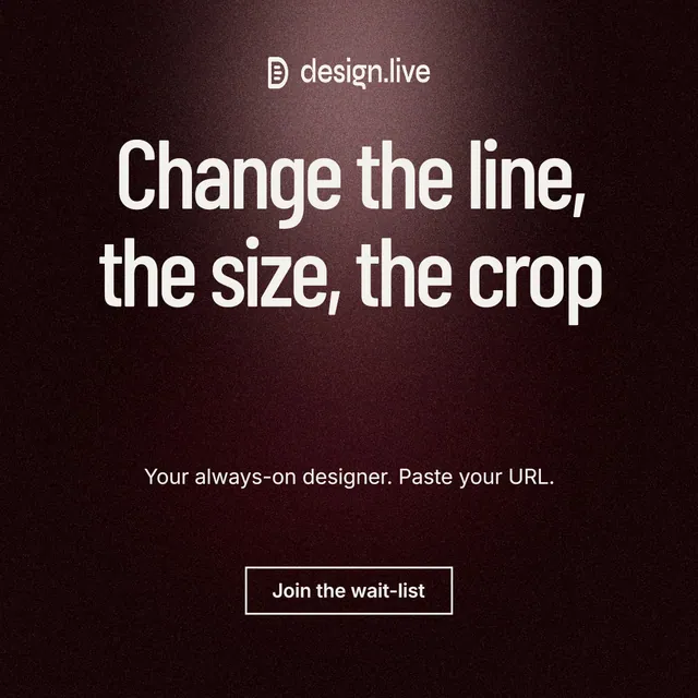 Instagram post for design.live: "Change the line, the size, the crop". Dark deco style, centred layout, dark palette in black, red, grey.