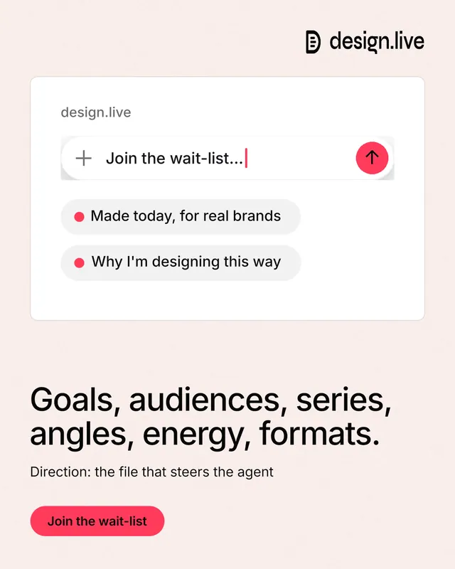 Instagram portrait post for design.live: "Goals, audiences, series, angles, energy, formats." Data card style, bottom layout, light palette in white, red.