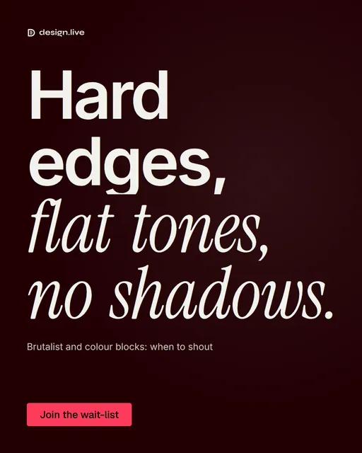 Video for design.live: "Hard edges, flat tones, no shadows.". Doc motion loop, 7.0 s, dark palette.