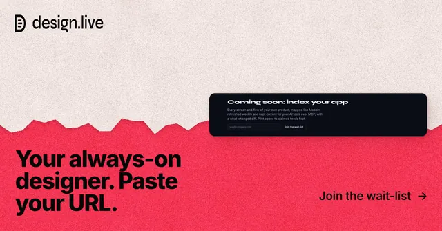 Social ad for design.live: "Your always-on designer. Paste your URL." Paper trio style, image led layout, light palette in orange, red.