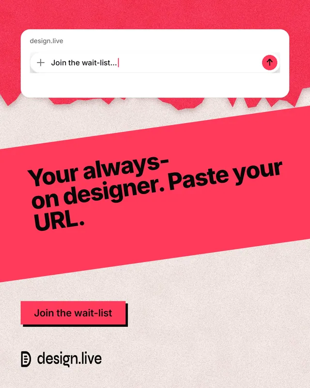 Instagram portrait post for design.live: "Your always-on designer. Paste your URL." Paper trio style, diagonal layout, light palette in red, white.