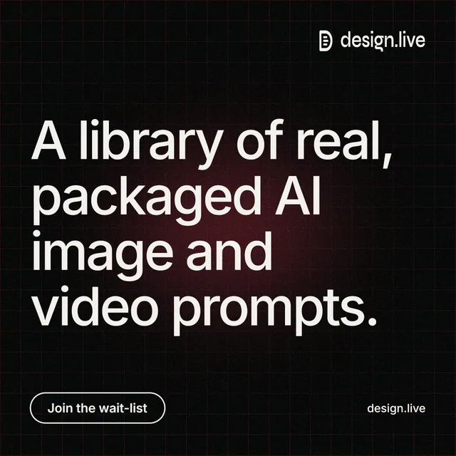 Instagram post for design.live: "A library of real, packaged AI image and video prompts." Phosphor atlas style, poster layout, dark palette in black, grey.