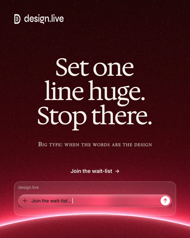Instagram portrait post for design.live: "Set one line huge. Stop there." Swiss style, smallcaps layout, dark palette in black, red.