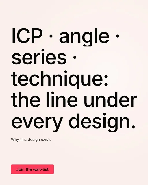 Video for design.live: "ICP · angle · series · technique: the line under every design.". Doc motion loop, 7.0 s, light palette.