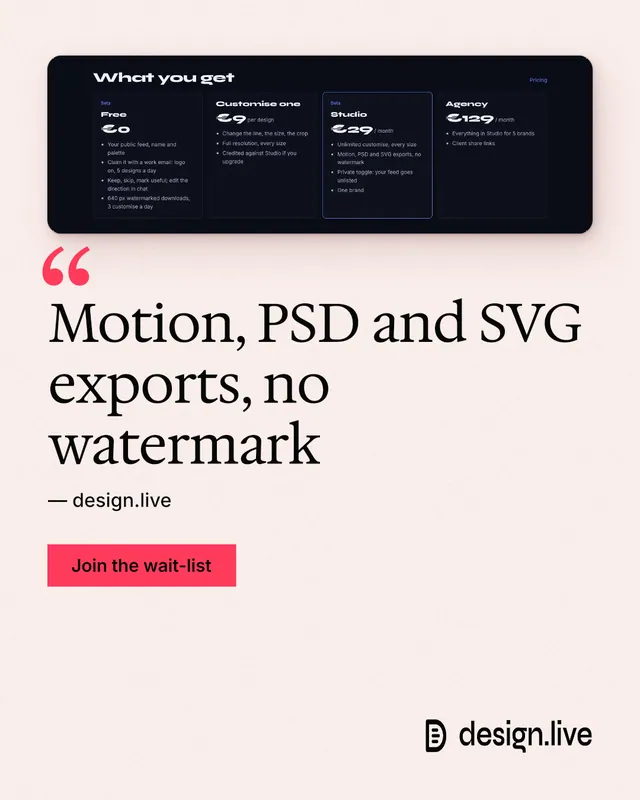 Instagram portrait post for design.live: "Motion, PSD and SVG exports, no watermark". Swiss style, quote layout, light palette in white, black, grey.