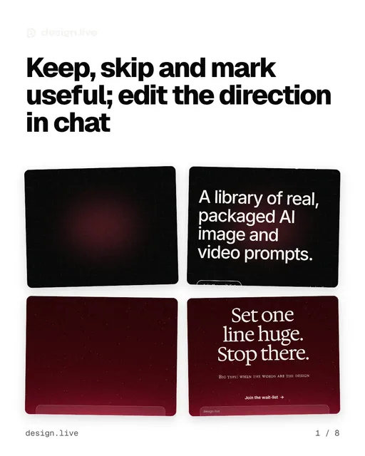 Carousel for design.live: "Keep, skip and mark useful; edit the direction in chat". Collection carousel, 8 slides, light palette.