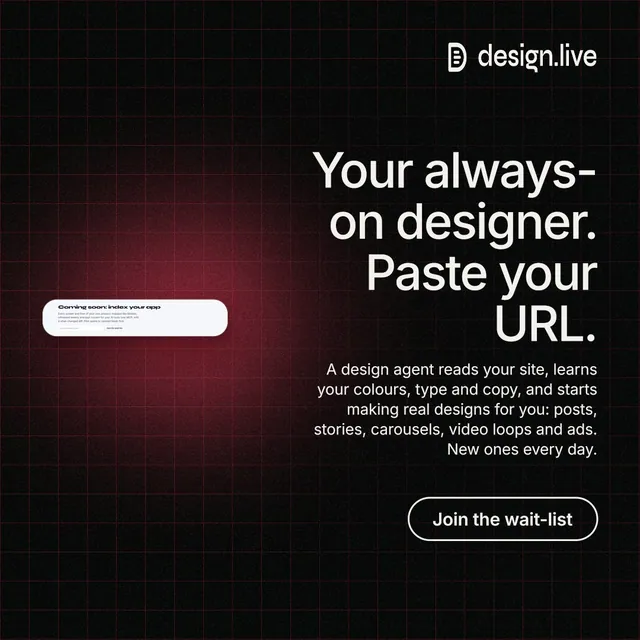 Instagram post for design.live: "Your always-on designer. Paste your URL." Phosphor atlas style, right layout, dark palette in black, red, grey.